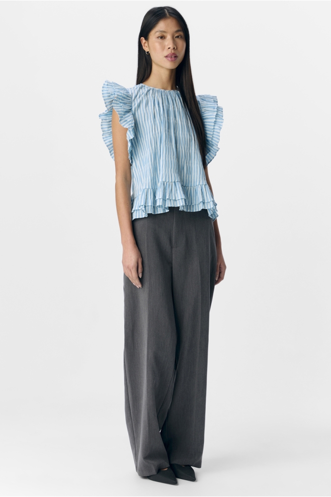 OBJFINE RE S/L O-NECK FRILL TOP 139 23046859 Cornflower Blue/Stripes